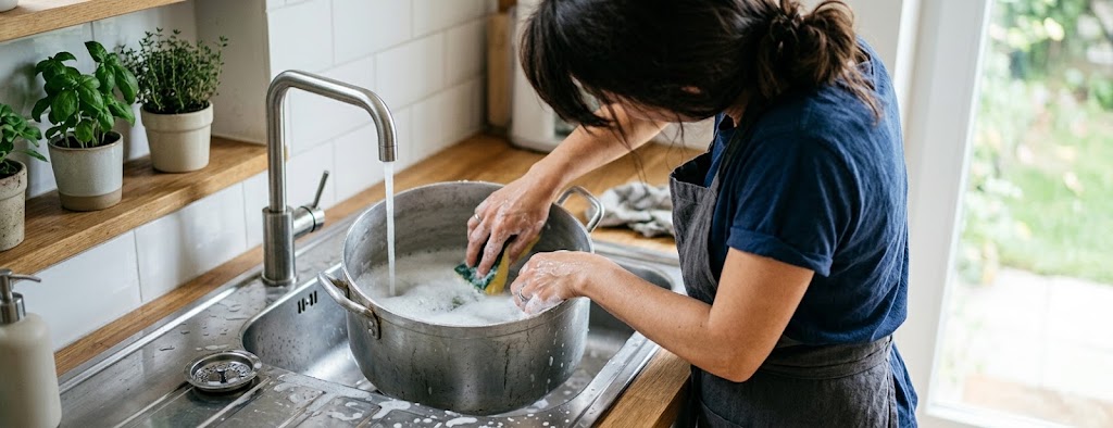 Uma mulher lavando uma panela de alumínio em uma pia, demonstrando como lavar panela de alumínio.