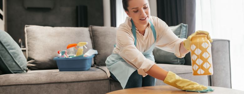 Mulher limpando a mesa com um pano, com acessórios de limpeza à mostra.