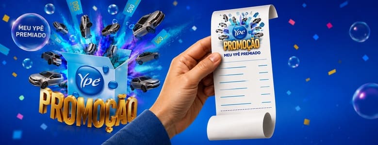 Mão segurando um cupom da promoção Ypê Meu Ypê Premiado sobre fundo azul, com carros, notas de R$500, bolhas e elementos gráficos da campanha ao redor.