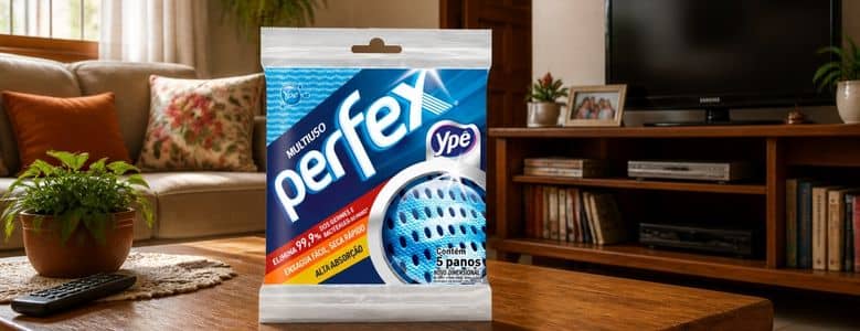 Embalagem de panos multiuso Perfex da Ypê, em azul e branco, com destaque para 'alta absorção' e 'contém 5 panos', apoiada sobre uma mesa de madeira em uma sala de estar. Ao fundo, um sofá bege com almofadas estampadas, um vaso de planta, um controle remoto e um rack de madeira com televisão e porta-retratos.