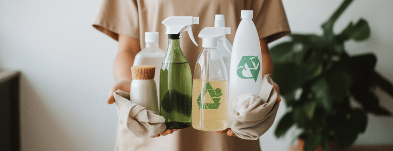 Pessoa segurando produtos de limpeza ecológicos com símbolo de reciclagem, ao lado de uma planta.