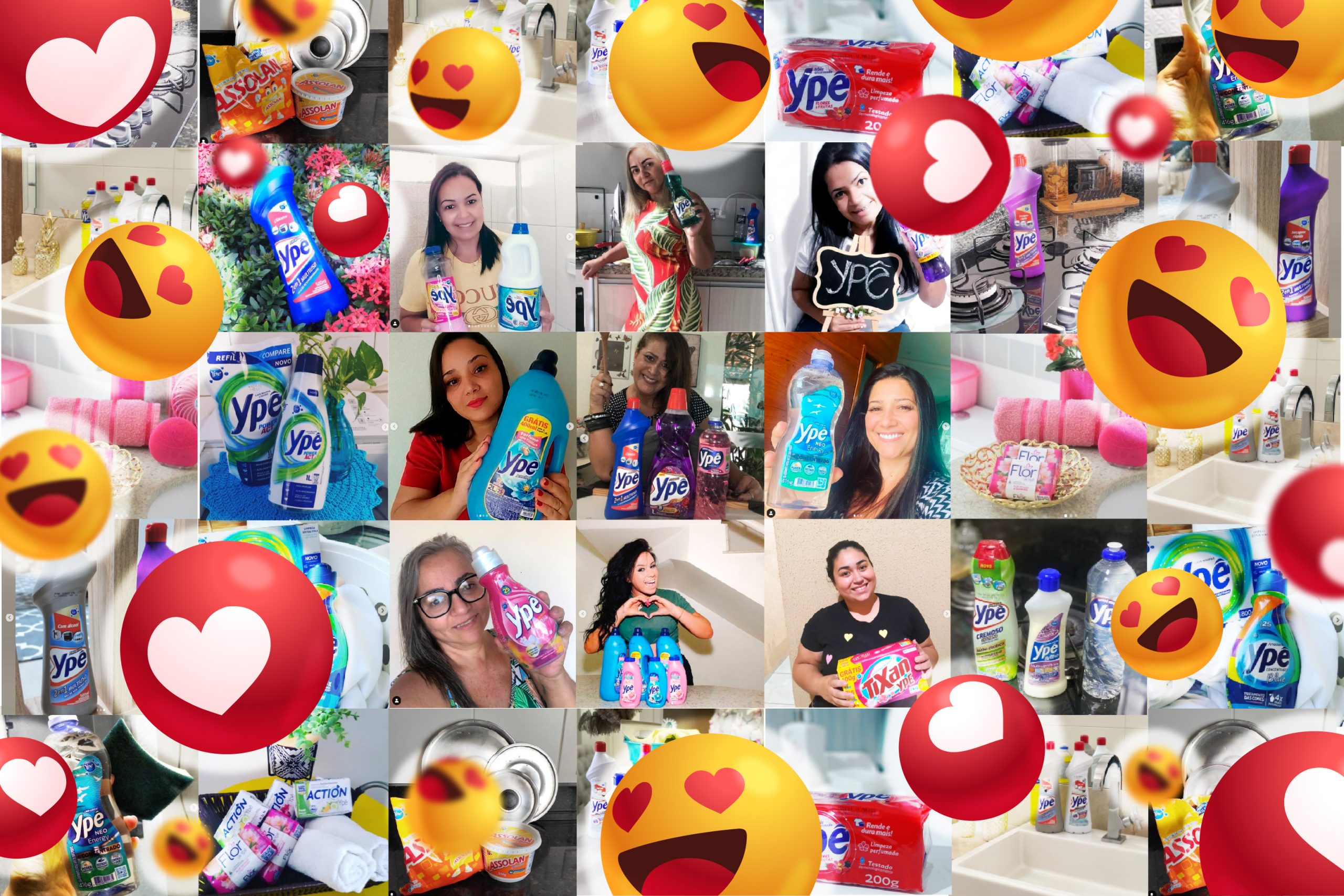 Mosaico de fotos de diversas consumidoras com produtos Ypê nas bordas desse mosaico há esferas de tamanhos diferentes avermelhadas com o ícone de corações e emoticons amarelos sorrindo com os olhos em formato de coração